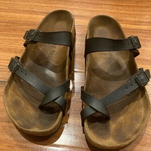 Birkenstock Mayari Sandals Womens 38 Black Leather Toe Loop Slip On Resort